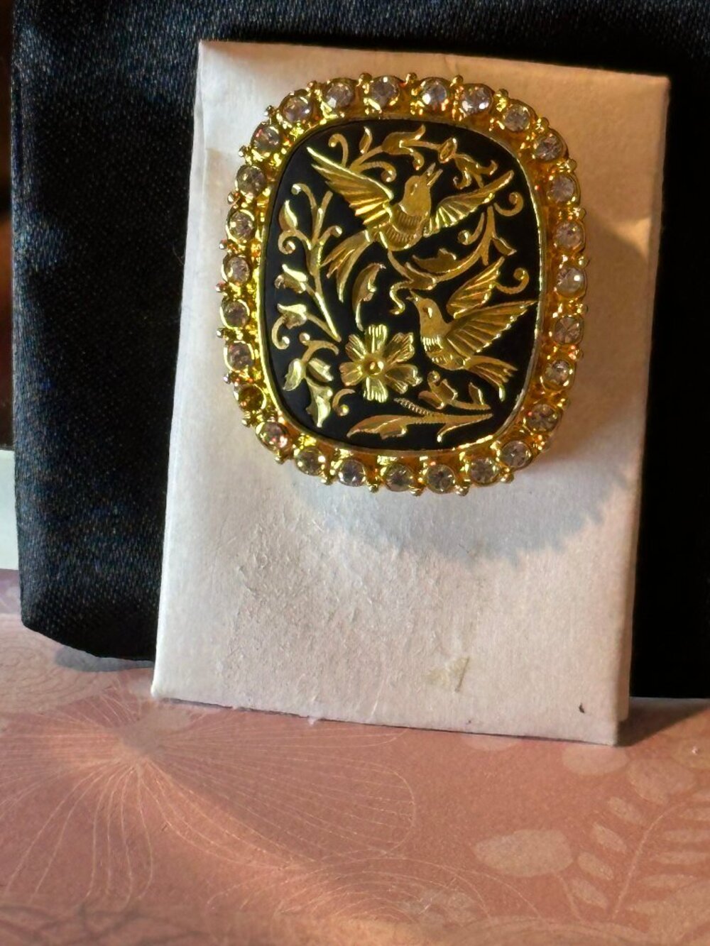 FANCY Damascene Happy Love Birds Vintage Brooch with Cz frame sparkle